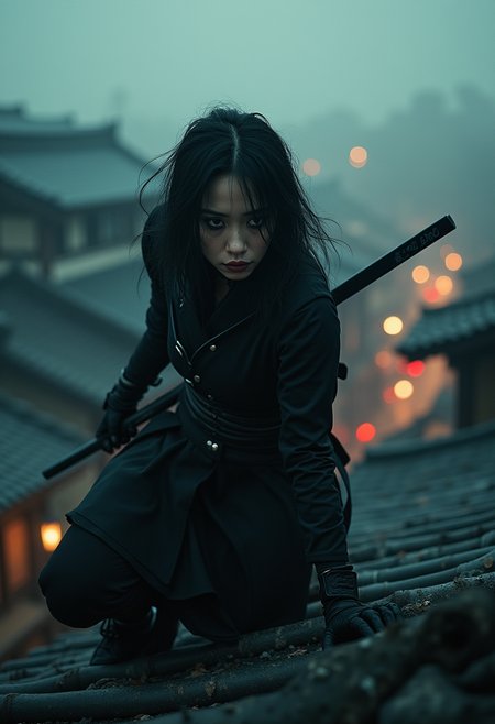 Detailed, masterpiece, professional, bold colors, awe inspiring, photography inspired by Jeremy Mann, 30mm shot, action scene, HDR, female ninja sneaking on rooftops of a feudal Japanese village, spooky atmosphere, dark makeup, stealthy
