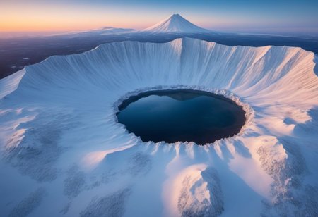 Crater's Winter Veil: Aerial view of a volcanic crater covered in snow and ice, deers, wolves, foxes are moving all together towards the crater. Aurora borealis in the day sky, The winter landscape is pristine and serene, highlighting the beauty and harshness of nature. Use the aerial perspective to showcase the scale and majesty of the volcano, set against the peacefulness of the snowy surroundings.