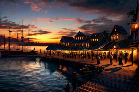 (masterpiece:1.2), (best quality,:1.2), 8k, HDR, ultra detailed, ((photorealistic)), perfect anatomy, professional light, cinematic lighting, fashion photography, ambient lighting, pire, ships, pier, outside a tavern over looking a busy harbor in the caribbean, colorful sunset