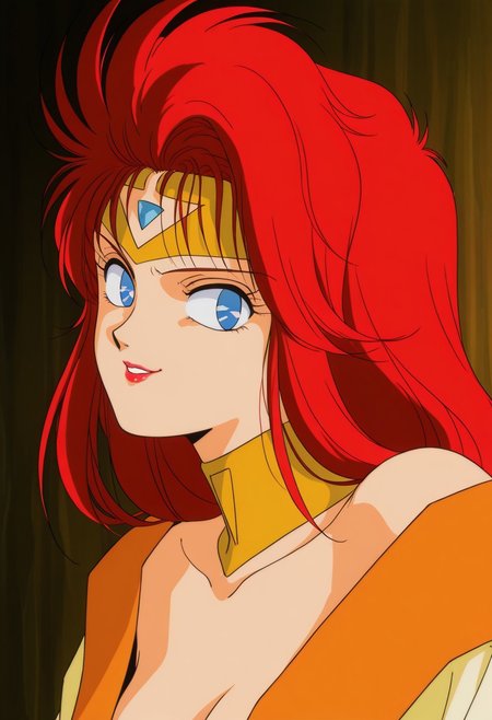 nsfw,score_9, score_8_up, score_7_up, source_anime,masterpiece, best quality, retro_artstyle, 1990s_\(style\),official art,a girl,solo, Enuma, circlet, blue_eyes, red_hair, low-tied_long_hair, lipstick, wide_sleeves, off_shoulder, cleavage,(detailed face and eyes,evil_smile),(upper body),close to viewer,bedroom