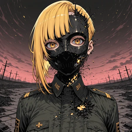 Sinozick_illu,gradient,spot color, smooth quality, masterpiece, best quality, good quality, newest, highres, absurdres, fisheye, battlefield, circuits, 8k, red palette, 1girl, military uniform, Canary yellow hair, Asymmetrical haircut, pink, glitch_pupils, looking at viewer, (disintegration effect:1.5) dynamic pose, ambient occlusion, digital art, masked transparent flat background <lora:add-detail-xl:2>  <lora:Sinozick_style:0.8>