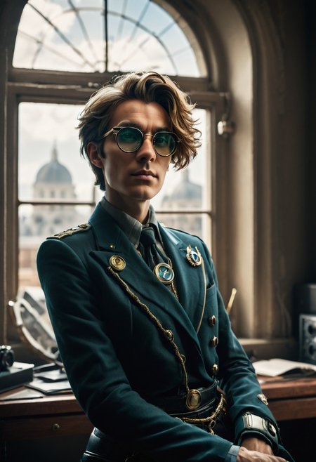 sfw, score_9, score_8_up, score_7_up, cinematic photo, dramatic lighting, dynamic pose, portrait, androgynous cybermutant aristocrat with glasses and mussed hair, earth in the window