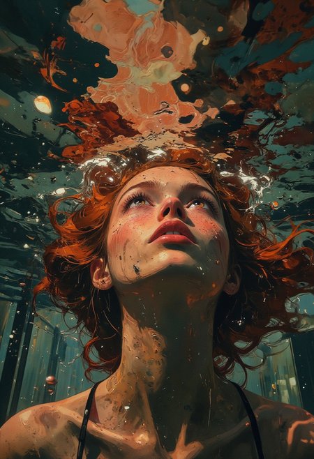 A highly detailed photograph, HD, 8K quality, ultra-detailed, masterpiece artwork, features a captivating underwater scene centered on a wide-eyed woman partially submerged. Her curly, reddish-blonde hair billows around her head, catching the soft, refracted light dancing across the water’s surface. The woman expression is one of awe and wonder, her mouth slightly open as she gazes upward, creating a striking focal point against the fluid distortions of the surrounding water. Tiny air bubbles float around her, emphasizing the sense of immersion and movement, while the rippling reflections across her face enhance the surreal, dreamlike atmosphere. The interplay of shimmering highlights and gentle shadows on her skin and hair gives depth to the underwater environment, blending realism with a hint of magical allure. The background remains softly blurred, allowing the subject’s vivid expression and the intricate details of the water’s texture to stand out.
The composition is both serene and mesmerizing,
