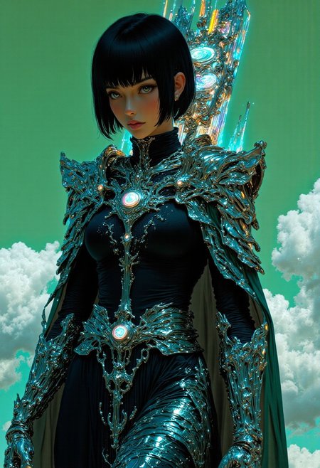 A hyper-detailed full-body digital illustration in Cucoloris style showcases a 25-year-old woman with a strong masculine jawline and a semi-transparent blue-tinted glass body that refracts light into kaleidoscopic patterns. Seated atop a futuristic anti-gravity control module with sleek chrome panels and glowing neon-blue circuits, she exudes confidence. Her sharp black French bob with neat bangs frames bold features: piercing black eyes with electric blue and black eyeliner, long lashes, a delicate silver nose ring, and glossy red lips. She wears a shimmering silver breastplate encrusted with metallic sequins that catch and reflect light, layered over a fitted black bodysuit infused with the same reflective sequins. A high-collared holographic cape cascades from her shoulders, shifting through prismatic hues. Chrome vambraces with neon accents guard her forearms, while an LED-embedded sash reminiscent of a Roman cingulum cinches her waist over reinforced black leggings. Futuristic gladiator-style boots with angular designs, chunky soles, and neon-lit details complete her armored elegance. The lime-green background, filled with stark fluffy white clouds, intensifies the surreal contrast. Cucoloris lighting casts dynamic dappled shadows, merging urban futurism with timeless warrior aesthetics in a striking cinematic composition.