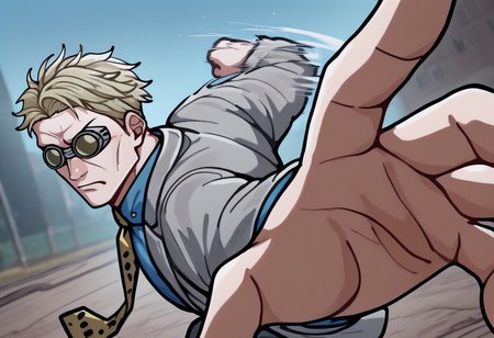 masterpiece, best quality, newest, absurdres, highres, IncrsPunchMeme, <lora:PepePunchMeme_illusXLNoobAI_Incrs_v1:1.3>, outdoors, motion lines, upper body, <lora:ChamKentoNanamiIllustriousXL:1>, NanamiBase, blonde hair, short hair, goggles, grey jacket, yellow necktie, leopard print, blue shirt, collared shirt, solo, incoming attack, angry,