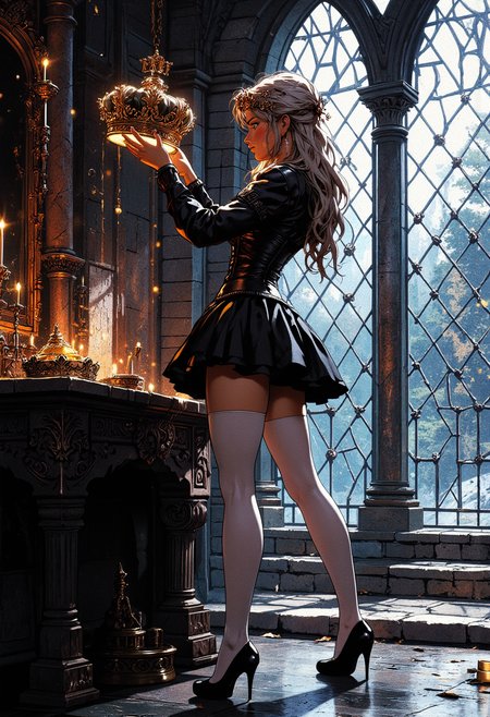 
A dark ancient castle. A large room. A close-up side view from the ground, a full-length shot. A 33-year-old woman stands in front of a large window, curvy, very wide hips. Black corset, short puffy black skirt, white stockings, black high-heeled shoes. She put her legs wide apart. Dynamic sexual pose. He measures the glowing magic crown on his head with his hands and looks in the mirror. Excitement. It's erotic. Strict concise image style., very aesthetic, photorealism, photography, 8k uhd,  (best quality), (masterpiece), majestic intricately detailed, 
.
mythp0rt, InCase Style.

nigiex.   

 
Depth of field, masterpiece., . full body. 

