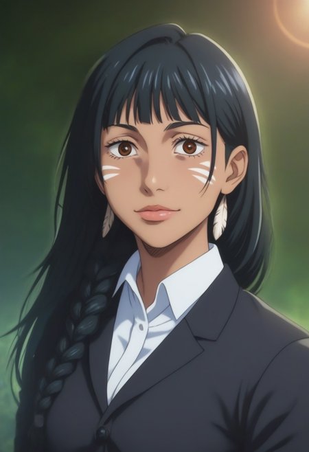 score_9, score_8_up, score_7_up, source_anime, intricate details, anime screencap, perfect balance, official art, extremely detailed CG unity 8k wallpaper, perfect lighting, Colorful, Warm_Front_face_Lighting, (masterpiece:1.0),(best_quality:1.0), ultra high res,4K,ultra-detailed, photography, 8K, HDR, highres, absurdres:1.2, Kodak portra 400, blurry background, bokeh, lens flare, (Anime) (vibrant_color:1.2), professional photograph, night, (cute_face:1.2), 2d, anime, upper body, intricate iris, American, Professional character design, 1girl, female focus, (Brown eyes), perfect eyes, (black-hair), Native American, Indigenous, American Indian, youthful, solo, jujutsu_kaisen_style, character portrait, (perfect-lighting), face, young, (Dark-black-hair), Long hair, (Native American), Indigenous, American Indian, (((wild eyes))), (Native North American), (Upturned eyes), (high cheekbones), (strong jawline), (Black Hair), (Black Cowboy Jacket), (((wild eyes))) ((Bobbed Bangs)) (((Slanted-Eyes))) (Psycho) (Happy) (Friendly) (Goofy) (Dark Black Jacket) (White Dress Shirt), (Redwood Forest, Pacific Northwest Forests), (Inuit), Inuit Braids, (Tan skin), (Dark Skin), (Brown skin), (bobbed hair), White Eagle-Feather-Earrings, Thick Bangs, Bobbed hair, Bob-cut, White-Feather-Earrings, Brown-skin, Full-Bangs, Wide-Bangs, Thick-Hair, Black Suit & Tie, Mullet, Blue-Facepaint