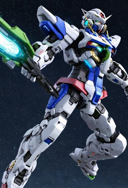 concept art, digital art, illustration, (source_anime), gundam_00, gundam, gundam_exia,  gn_drive, gn_particles, v-fin, white_armor, blue_armor, grey_armor, glowing_eyes, green_eyes, light_particles, sparks, sword, weapon, mecha, mobile_suit,robot, no_humans, science_fiction,