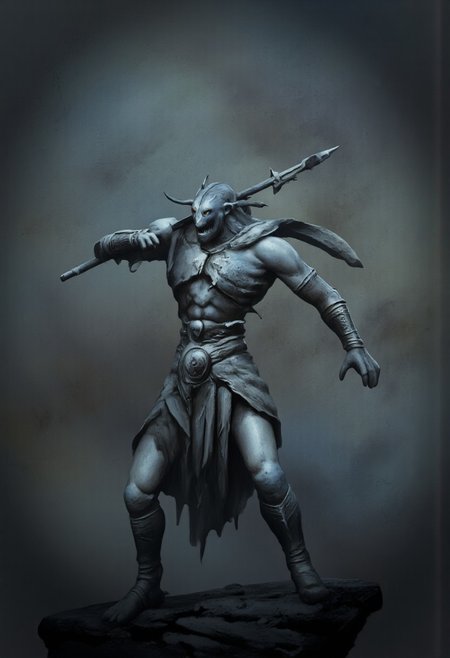 aidmaMJ6.1, Made out of paper, a PaperStyle , d4artstyle, d4concept, , d00mstyle, made of clay, ZBClay model of a gray sculpture
A reptilian-insectoid warrior, standing upright with a chitinous exoskeleton that shimmers with a bluish hue. The creature's body is segmented and armored, providing both flexibility and protection. Its head features large, bulbous eyes that reflect an otherworldly intelligence, along with a set of mandibles and antennae. The limbs are powerful and end in sharp claws, allowing for both combat and climbing. It wields a double-ended spear with intricate carvings, and its forearms are adorned with metallic bracers, suggesting a blend of primitive and advanced culture. The long, segmented tail helps maintain balance during combat. The overall design combines elements of a reptile, insect, and warrior, emphasizing its agility and lethal nature.
Background solid color with a faded dimly lit, fog-covered darkness tone that emphasizes its silhouette. 
 The medium is not a traditional painting or illustrative medium like watercolor or ink but rather a digital rendering, eerie and unsettling.