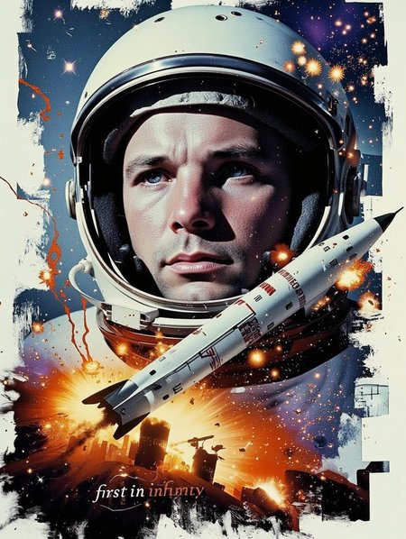 Modern art in double exposure style: close-up of the cosmonaut Yuri Gagarin in helmet  with detailed texture and the inscription 'USSR' on the visor. To the left of the helmet is a silhouette of the 'VOSTOK' missile, partially superimposed with it. Background: abstract space with gradient from dark-lightblue to purple, filled with stars and flashes of light. The inscription 'first in infinity' is stylized in the lower part of the composition, slightly blurred like a piece of cosmic smoke. Emphasis on the contrast of glossy helmet surfaces and matte texture of the missile. Color palette: cool shades with orange and gold flashes, simulating engine flares and cosmic abyss