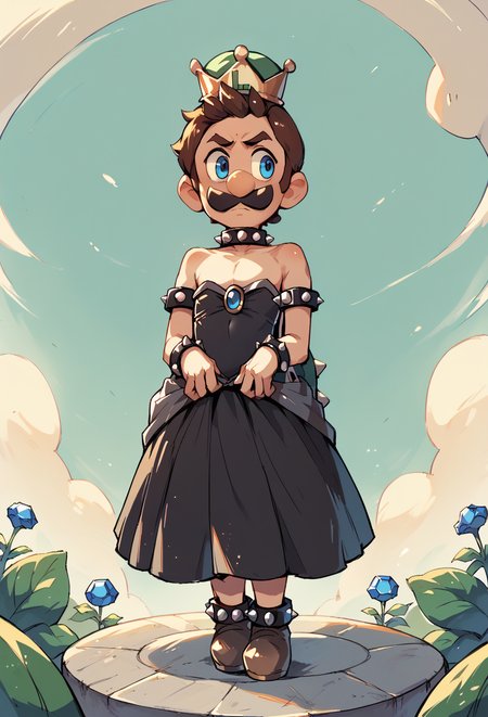 score_9, score_8_up, score_7_up,   <lora:Luigi_XLPD:1> , Incrsluigi, luigi, brown hair, mustache, round nose, young,  <lora:bowsette_dress-PD-1.0:0.7> , bowsette dress, black dress, crossdressing, blue jewel, turtleshell, crown,, score_9, score_8_up, score_7_up,