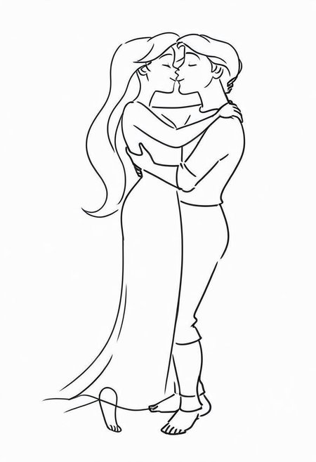 1girl, 1man, romance, full body, Ariel on tip toes kissing PrinceEric,, 2 angles, face and side, dynamic portrait sketch, smile,
 Minimalism, Greyscale, Stylized