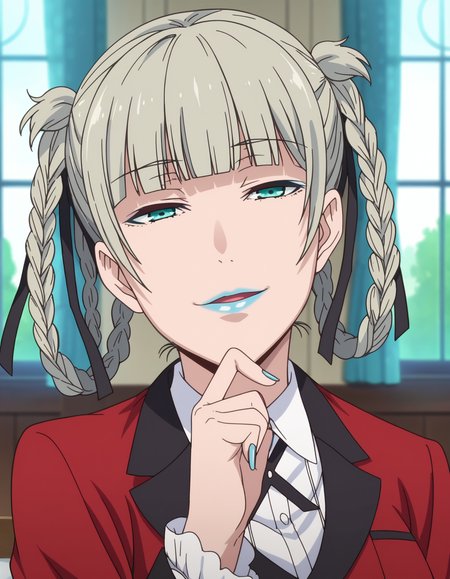 score_9, score_8_up, score_7_up, source_anime,anime screencap,anime coloring, intricate details,
uncensored,
mature female,
kirari, 1girl, bangs,braid,makeup,twin braids,blunt bangs,aqua nails,aqua eyes,blue lips,hair ribbon,ribbon,hair rings,lipstick,grey hair,lips, nail polish,black ribbon,blue eyes, blue nails,houndstooth,
large breasts,
pleated skirt,black pantyhose,blazer,skirt,collared shirt,red jacket,white shirt,school uniform,long sleeves,
smile, solo focus, half-closed eyes,
standing,
perfect anatomy,
scenery,indoors, formal, 
<lora:KirariMomobami_epoch_15:1>