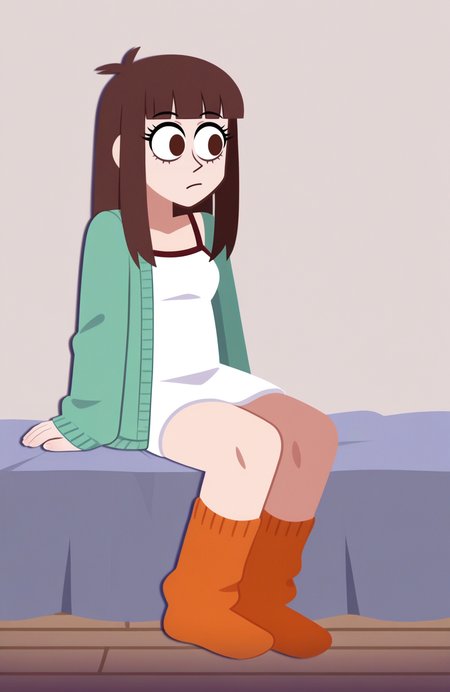 1girl, solo,
<lora:BekBry:0.6> bekbry, brown eyes, brown hair, long hair, blunt bangs, petite, green open cardigan, taut cardigan, thumb hole sleeves, long sleeves, white dress, fur-trimmed dress, mini dress, spaghetti straps, orange tube socks, no shoes, sitting, leaning back, quiet thoughtfulness, focused expression, contemplative vibe,
 <lora:GrittySugar:1> grittysugar, extremely detailed, highres, masterpiece, best quality