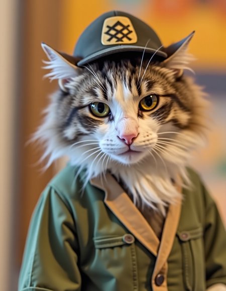 photograph of a medium length hair white and grey cat at art gallery wearing a ranger costume, yellow eyes, 
nijcat  <lora:nijcat:1>