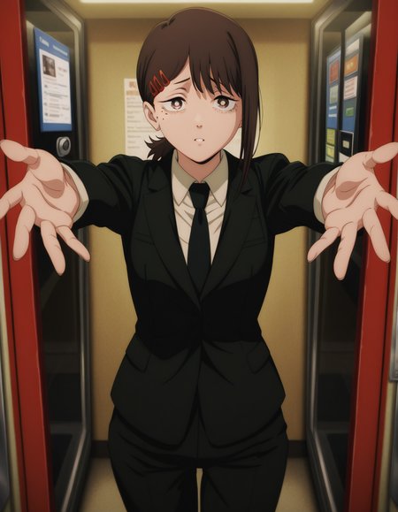 masterpiece, best quality, amazing quality,, <lora:kobeni-higashiyama-s1-illustriousxl-lora-nochekaiser:1>, kobeni higashiyama, higashiyama kobeni, black hair, hair ornament, hairclip, mole, mole under eye, ponytail, short hair, brown eyes, mature female, small breasts, anime screencap, black necktie, black pants, business suit, formal, long sleeves, necktie, pants, suit,, on back, arm support, arms up, incoming hug, pov, reaching, reaching towards viewer,, phone booth, glass, phone, street, retro, cowboy shot, solo, looking at viewer