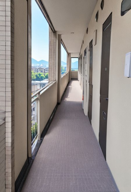 masterpiece, best quality, very aesthetic, absurdres,
rouka, hallway, scenery, window, building, day, sky, door, outdoors, blue sky, cityscape, city, real world location, 
 <lora:JProuka_apartment_hallway_SDXL_V1:1>