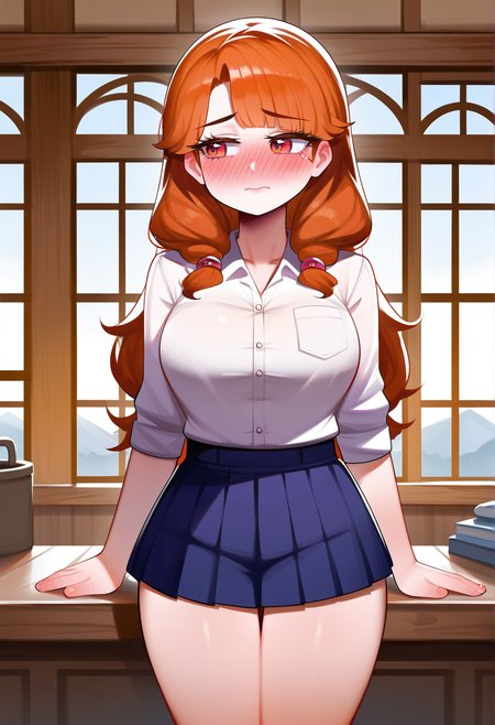 score_9, score_8_up, score_7_up, source_anime, (hns:1.4), (gad:1.4), 
1girl, milf, long hair, long eyelashes, looking to the side, full-face blush, embarrassed, 
slim, pleated skirt, wide hips, thigh gap, bare legs, 
indoors, standing, window,