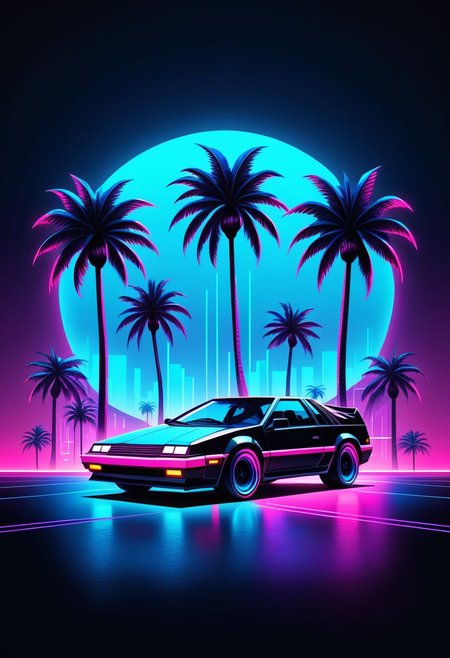 "a minimalist and high-contrast print design inspired by the Synthwave genre and the aesthetics of the 80s. Utilize vibrant neon colors against a dark background to evoke a retro-futuristic feel. Incorporate a car , iconic symbols such as palm trees or cassette tapes, and emphasize geometric shapes and sharp lines for a sleek and modern look. Keep the design clean and focused, capturing the essence of Synthwave's nostalgic vibe with a contemporary twist."