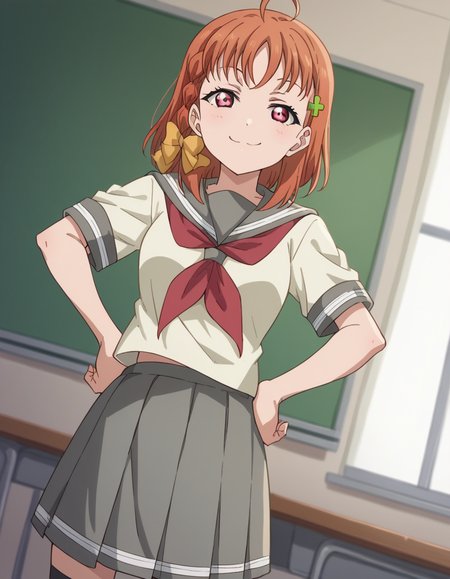 score_9, score_8_up, score_7_up, source_anime, <lora:chika-takami-s2-ponyxl-lora-nochekaiser:1>, chika takami, short hair, hair ornament, red eyes, bow, braid, ahoge, hair bow, orange hair, side braid, yellow bow, clover hair ornament,, skirt, school uniform, short sleeves, pleated skirt, serafuku, socks, neckerchief, kneehighs, black socks, red neckerchief, grey skirt, uranohoshi school uniform,, indoors, smug, smile, looking at viewer, solo, hands on hips,, cowboy shot, dutch angle