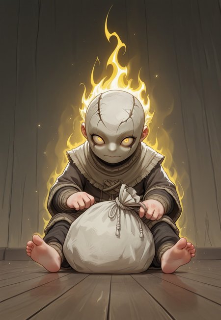 masterpiece, best quality, amazing quality, very aesthetic, absurd res, intricate details, 4k, semi realistic, cartoon, fantasy, energy around, aura, dynamic pose, score_9, score_8_up, child, brown gunny sack, burlap sack over head, sitting, marionette, puppet, <lora:AMarvelRivals_style:1>, marvelrivals. A lonely child sits in a dimly lit, eerie room, wearing a tattered burlap sack over his head. The sack has rough, uneven holes cut out, revealing his wide, unsettling eyes that gleam with an eerie intensity. His small, frail frame is hunched, giving him a lost, out-of-place presence. Surrounding him are sinister marionette puppets, each hanging limply from strings attached to the ceiling. Their wooden faces are cracked and twisted into unsettling grins, their lifeless eyes staring into the void. The dim lighting casts long, distorted shadows across the wooden floor, adding to the haunting atmosphere. Dust particles float in the air, illuminated by a weak, flickering light source. The scene is draped in muted, desaturated colors, except for faint crimson tones on some of the puppets’ mouths and hands, hinting at something sinister. The mood is a chilling blend of loneliness and quiet horror, evoking an unsettling sense of dread.