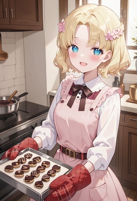 (masterpiece, best quality, ultra-detailed), very aesthetic, newest, absurdres, highres, safe,
(1girl, solo:1.3), indoors, cute face, clean skin, shiny hair, ultra detailed eyes,
<lora:Maria_Campbell-64:1>maria campbell, blonde hair, short hair, blue eyes, smile, open mouth, hair flower, long sleeves, skirt, belt, dress,
<lora:LoraILXL01_YamiStyle_v1:0.7> <lora:baking-cookies-ponyxl-lora-nochekaiser:1>baking cookies, looking at viewer, blush, smile, gloves, holding, frills, food, indoors, apron, chocolate, cookie, oven mitts,