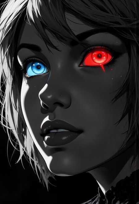 diclrpp, A striking close-up portrait of a beautiful woman's face in dramatic monochrome, with every element rendered in rich black and white tones except for her mesmerizing eyes. Her left eye glows with an intense electric blue luminescence while her right eye radiates a deep, vibrant crimson red - both eyes wide open and staring directly at the viewer with hypnotic intensity (melotot). Her gaze is simultaneously alarming and captivating, creating an immediate emotional connection with anyone who views the image. Her facial features are classically beautiful with high cheekbones, perfectly defined lips, and flawless skin texture enhanced by the high-contrast grayscale treatment. Dramatic shadows emphasize the contours of her face while spotlight-like lighting creates sharp highlights on her features. Her expression conveys both power and mystery, with slightly parted lips suggesting she's about to reveal a secret. Delicate wisps of her hair frame her face in silver and obsidian tones, with individual strands catching the light. The stark monochrome setting makes the glowing colored eyes even more striking, their unnatural illumination suggesting supernatural qualities or enhanced perception beyond normal human capability. j_art