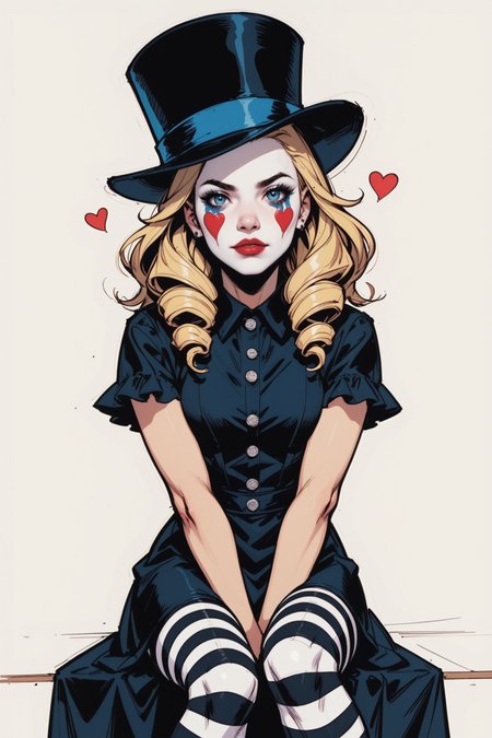 1girl, solo, looking at viewer, hat, striped clothes, sitting, dress, blonde hair, clown, facepaint, black dress, striped pantyhose, ta fashion, goth fashion, gothic ta, makeup, grey background, red lips, black headwear, simple background, pale skin, heart, drill hair, colored skin, pantyhose, runny makeup, hand between legs, between legs, top hat, short sleeves, a_Comic_Illustration, rough lines with ink, (drawn:1.1), (sketch:1.5), (crosshatching:1.25), (comic style:1.1), graphic novel style, sharp lines, hires, zstyle, (western comics \(style\):1.1), (hatching \(texture\):1.2), zPDXL, Mr_Monster_Possitive, <lora:Expressive_H:0.5>, score_9, score_8_up, score_8_up,