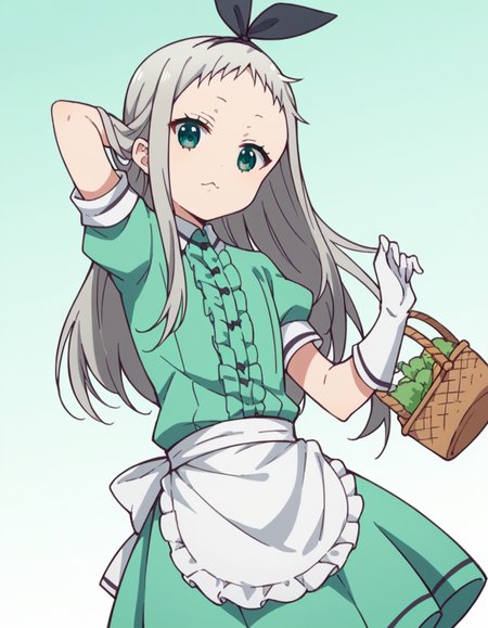 score_9, score_8_up, score_7_up, source_anime, <lora:hideri-kanzaki-s1-ponyxl-lora-nochekaiser:1>, hideri kanzaki, long hair, bow, green eyes, hair bow, grey hair, male focus, hairband, black hairband, otoko no ko, forehead,, gloves, dress, short sleeves, frills, puffy sleeves, white gloves, apron, puffy short sleeves, waist apron, white apron, frilled apron, waitress,, farmers market, fresh produce, local vendors, baskets, sunny day, community, , , foot forward, hand behind head, elbow down, solo,, cowboy shot, dutch angle