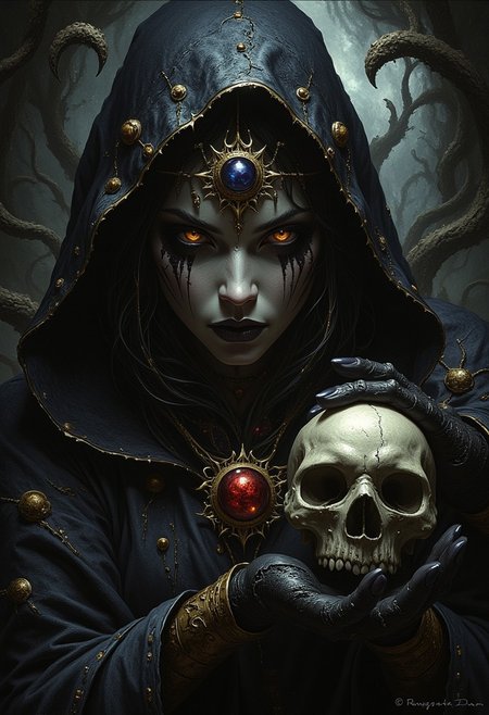 ArsMJStyle, dnddarkestfantasy, Dark Moody Atmosphere, Avant-garde, painting, evil, unsettling, best quality, masterpiece (Luis Royo style drawing), detailed face, face in sharp focus and intricate detail, extremely detailed, great lighting, BREAK, intricate details, Mystical light. Fog. female oriental necromancer mage, evil and mystical, with spiky robes that seem made of black cloth with golden stitches. a ball in one hand and mysterious beast skull in another hand, Rubies, symbolizing their magical power. Glow. alchemical laboratory, blending the natural with the magical, Soft natural lighting, High Definition HD, High Detail, Perfect Composition, dark fantasy movie