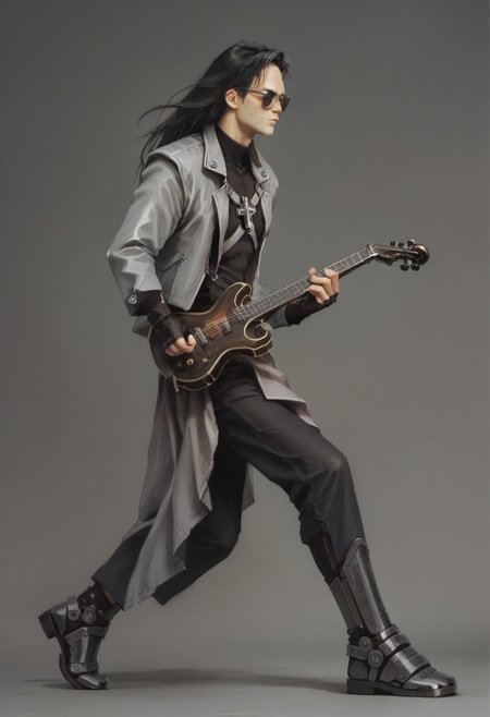 score_9, score_8_up, score_7_up, hugbaldw, cutoff jacket, body harness with holy cross design, long black hair, charcoal greaves, gray skirt, black shirt, black pants, black fingerless gloves, long legs, slender legs, playing saxophone, wearing sunglasses,