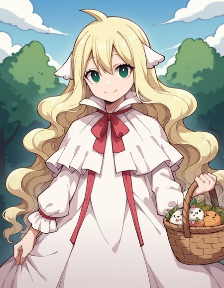 score_9, score_8_up, score_7_up, source_anime, <lora:mavis-vermillion-anime-ponyxl-lora-nochekaiser:1>, mavis, long hair, blonde hair, green eyes, ahoge, wavy hair, animal ears,, dress, white dress, collar, ribbon, red ribbon, capelet, long sleeves,, farmers market, fresh produce, local vendors, baskets, sunny day, community, smile, looking at viewer, arm resting on back of chair, solo,, cowboy shot, dutch angle