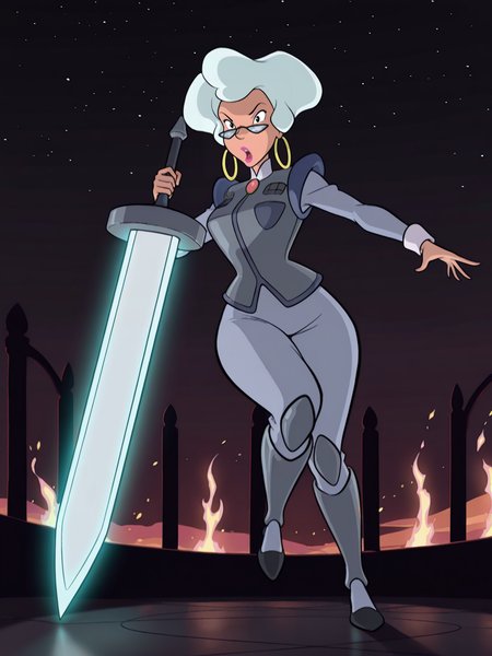 <lora:DirectorIL:0.9> d_r, 1girl, old, black eyes, grey big hair, short hair, round earrings, glasses lowered nose, pink lips,
gigantic sword, steel armor,glowing liens, action, full body, glowing background