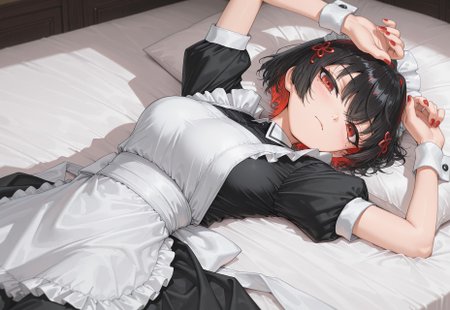 masterpiece, best quality, amazing quality, virtual youtuber, 1girl, solo, red eyes, black hair, maid headdress, lying, maid, colored inner hair, short sleeves, looking at viewer, mole under eye, multicolored hair, red nails, dress, red hair, on back, black dress, mole, apron, breasts, nail polish, short hair, closed mouth, puffy short sleeves, wrist cuffs, puffy sleeves, blush, maid apron, hair ornament, arm up, two-tone hair, white apron, frills, kaedeko, void0sty