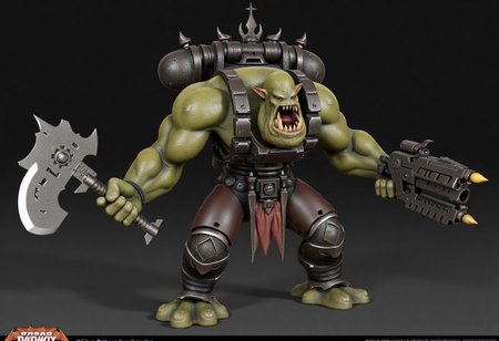 Score_9_up, absurdres, source: GamesWorkshop, grimdark, gothic horror, Warhammer 40000, a snarling ork is waving an axe in one hand and firing a machinegun in the other, lifelike, hyperrealism, perfect hands, perfect anatomy, project unreal engine