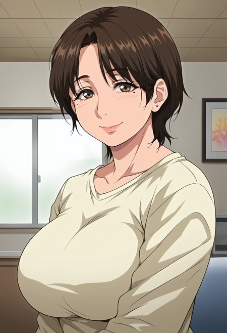 <lora:Saori-Konna_ni_Yasashiku_Sareta_no:0.8>,Saori,mature female,1girl,solo,brown hair,short hair,brown eyes,mole under eye,large breasts,shirt,upper body,looking at viewer,indoors,smile