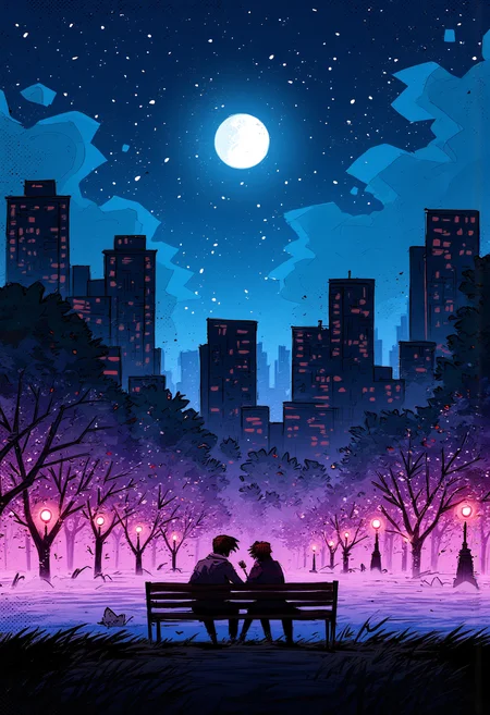 A couple sitting on a park bench in a city park in the streets of New York City, midnight hour, full moon, colorful scenery, romantic, starry sky, vibrant glow, By Alex Vede, illustration