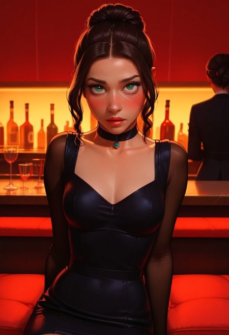 score_9, score_8_up, score_8_up, source_cartoon, solo_focus, stunningly beautiful girl, perfect face, cute, delicate features, skinny, elegant, makeup, semirealistic, pinup pose, stunningly beautiful green eyes, dark brown hair, princess braid, up bun, detailed irises, perfect eyes, female, 1girl, blush, lounge, jazz club, bar, nice black dress, slender, petite, at night time, cowboy shot, 3/4 view, sitting at bar, martini