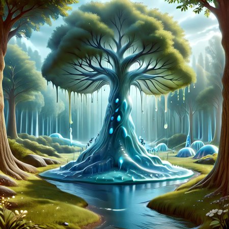 a tree made out of slime, dense-forest, Yggdrasil, a vast tree made out of slime, A large tree made out of slime, brown slime tree, translucent tree, transparent tree, trees made out of slime, 
everything made of slime, No simple background, ((slime tree)), detailed leaves, detailed bark texture, 
overcast sky, natural light, no bright spots, 
((translucent slime)), ((transparent slime)), (bioluminescent slime), sl1m3, slime, slime-morph, ais-blmn, saturated colors, no creatures, no monsters, no pokemon, scenery only, scenery, ral-lava, watce