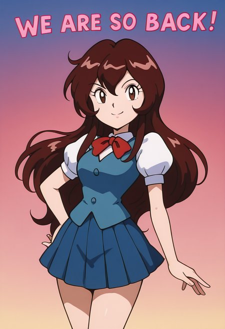 masterpiece, best quality, solo, curvy, beautiful eyes, aged up, large breasts, wide hips, narrow waist, 1girl, solo, smile, looking at viewer, zzGiselle, brown eyes, hair between eyes, brown hair, long hair,   red bowtie, puffy short sleeves, blue vest, buttons, blue skirt, smug,  <lora:GisellePokemon_IXL:1.0>,     , smile, looking at viewer, We4reSoB4ck, text, gradient background, ,<lora:We4reSoB4ck_IXL_v1:1.0>,