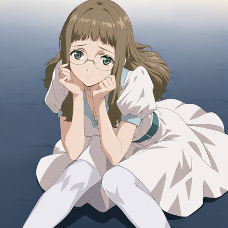 masterpiece,1girl,solo,looking at viewer,<lora:Rie_Ishida ag4o v1:1> rie_ishida, brown hair, long hair, green eyes, glasses,white dress,white pantyhose,