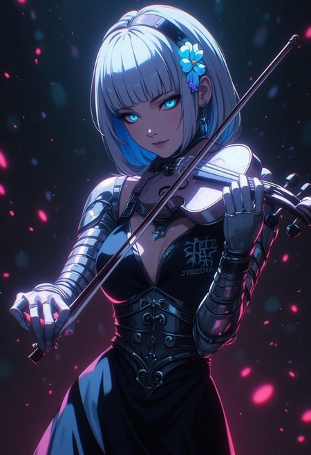 (8k resolution, score_9, score_8_up, score_7_up, absolute masterpiece, ultra detailed, best quality, masterpiece, colorful, highest detailed), (intricate details), (dynamic angle), masterpiece, best quality, amazing quality, very aesthetic, absurdres, newest, volumetric lighting, holographic colors, cute, gradient colors, dark background, masterpiece, best quality, amazing quality, very aesthetic, absurdres, newest, volumetric lighting, 1girl, BREAK nsfw, ambient occlusion, raytracing, soft lighting, blum effect, masterpiece, absolutely eye-catching, particles, glow, shining, intricate cinematic background, (beautiful face), BREAK masterpiece, highly detailed, 1girl, beautiful eyes, big eyes, detailed eyes, detailed pupils, perfect body, Automaton, colored skin, robot girl, (white_skin:2.0), joints, white hair, blue eyes, glowing blue eyes, metal_skin, no nipples, metal_skin, body writing,tattoo, barcode, black dress, sleeveless dress, smile, flower hair ornament, gloves, playing instrument, mystical, music, violin, holding instrument,holding violin, (playing violin), music room, particles, sense of movement,
