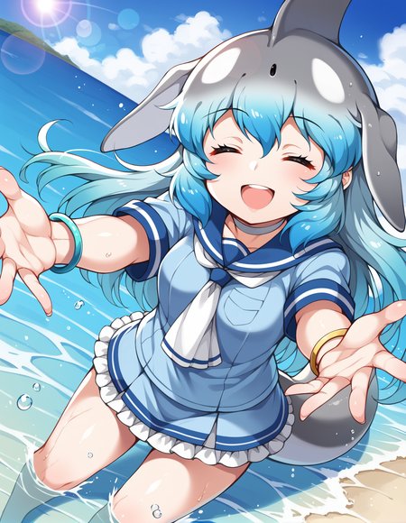score_9, score_8_up, score_7_up, source_anime, rating_safe, BREAK <lora:cbDolphinXL_LoRA-C3Lier_AdamW_Dim8_Alpha8_UN-3e-4_TE-1.5e-4_10batch_ponyDiffusionV6XL_v6StartWithThisOne:1>, common bottlenose dolphin \(kemono friends\), 1girl, head fins, multicolored hair, long hair, closed eyes, cetacean tail, small breasts, white choker, sailor dress, blue dress, frilled dress, bracelet, white neckerchief, short sleeves, jewelry, smile, open mouth, from above, dutch angle, wading, reaching towards viewer, outstretched arms, splashing, ocean, beach, horizon, cloud, blue sky, sunlight, lens flare