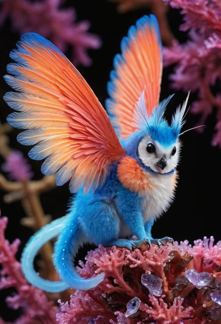 Creature,coral, biomimetic,serene,life form,elusive,tufted-tailed,fuzzy fur,colorful crystal wings,crystal,majestic