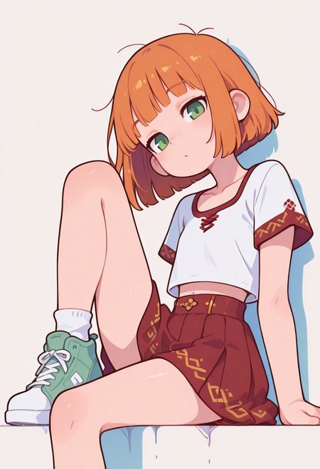 masterpiece,best quality,amazing quality, newest, very awa, Smooth, no lineart, no outline, very aesthetic, Flatline, Flat vector illustration, flat colors, Colorful themes, High Saturation, haiz_ai, orenji,
<lora:ponyv6_noobE11_2_adamW-000017:0.9> <lora:MeMaXL4:0.5> <lora:veluflora-wai:0.35> <lora:haiz_ai_illu:0.5>, 
1girl, petite, perfect anatomy, cute, small, orange hair, bob cut, short hair, green eyes, fair skin, messy hair,
collarbone, burgundy tutu skirt, ((white) crop top:1.1), simple background, leans back against wall, sits on buts, legs forward, sneakers, knee up, head tilt, spread legs, look at viewer. close up, dutch angle,from side, low angle shot,