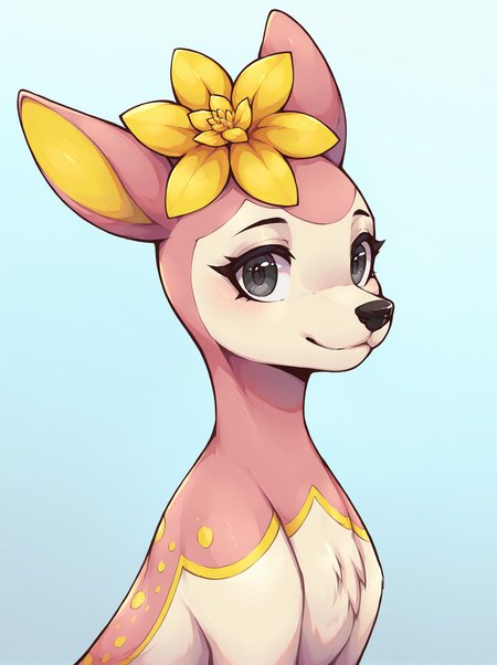score_9, score_8_up, source_furry, Deerling (Pokemon), solo, flower on head, hair flower, grey eyes,  yellow flower, <lora:Deerling_Pokemon:0.7>