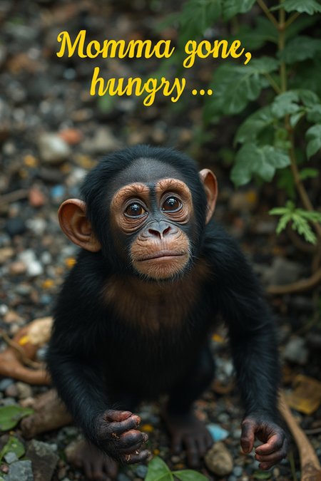 photo is taken from above. ((with yellow text: "Momma gone, hungry...")). In a rainforest cluttered with a lot of trash, a young ape  searches for food. he looks up to the viewer with big puppy eyes searching for love. The Ape's eyes, filled with a mix of hunger and confusion. He raises his hands, he wants you to carry him. The scene shows how deforestation disrupts natural habitats and endangers wildlife. Captured with Kodak film. 