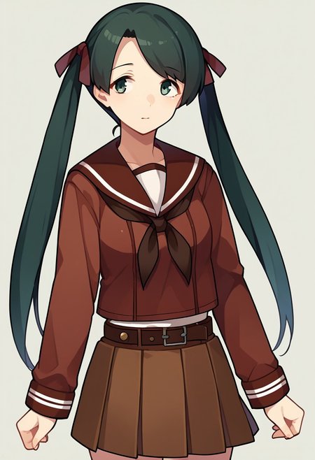 score_9, score_8_up, score_7_up, source_anime, mikuma (kancolle), twintails, long sleeves, skirt, red ribbon, standing, serafuku, cowboy shot, pleated skirt, neckerchief
