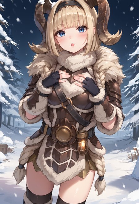 (score_9:0.9),score_8_up,score_7_up,rating_safe,anime style,(zPDXL),<lora:Banbaro beta armor ponyXL v1.2:0.77>,banbaro beta armor,1girl,solo,blue eyes,horn hairband,short hair,open mouth,looking at viewer,blonde hair,white knee boots,white fingerless gloves,standing,:d,blunt bangs,snowing,blush,hand on own chest,