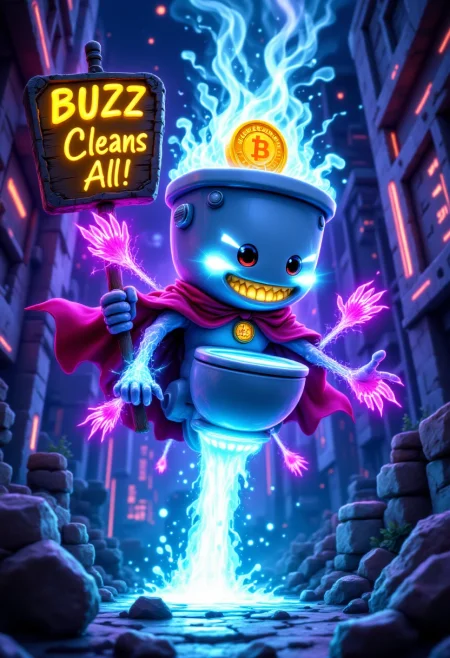 A heroic toilet with a BUZZ coin cape, flying through a cyberpunk city, flushing away glitchy enemies with glowing BUZZ water, with a sign 'BUZZ Cleans All!', vibrant neon colors, ultra-detailed, absurd and hilarious, 4k, --ar 3:2 --s 100